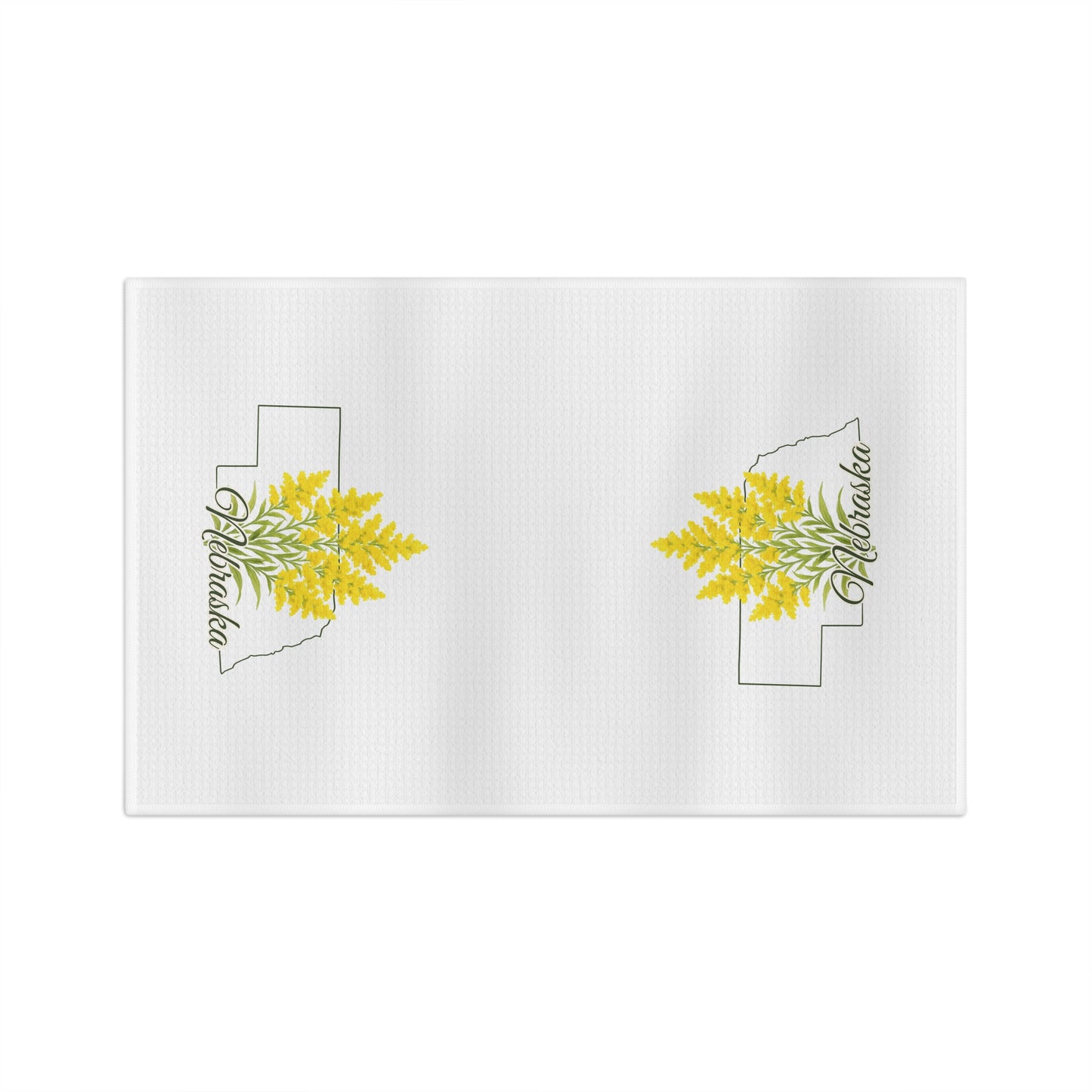 White microfiber tea towel with Nebraska outline and goldenrod blooms.