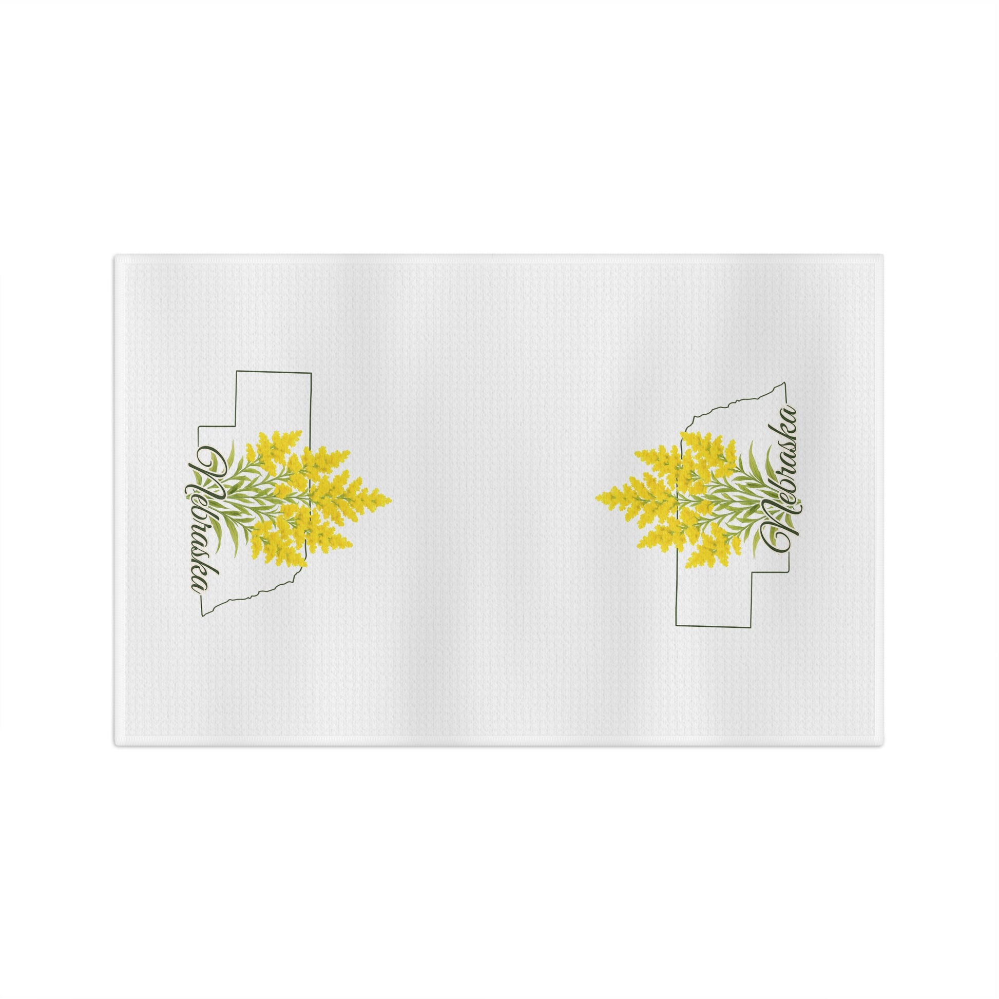 White microfiber tea towel with Nebraska outline and goldenrod blooms.