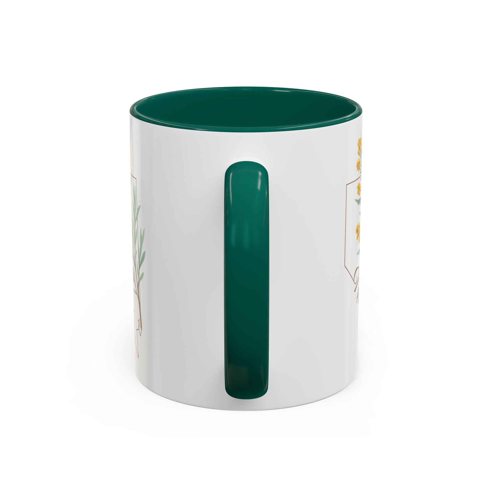 White ceramic mug with green interior and handle, featuring a watercolor Nevada Sagebrush botanical design.