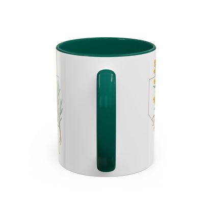 White ceramic mug with green interior and handle, featuring a watercolor Nevada Sagebrush botanical design.