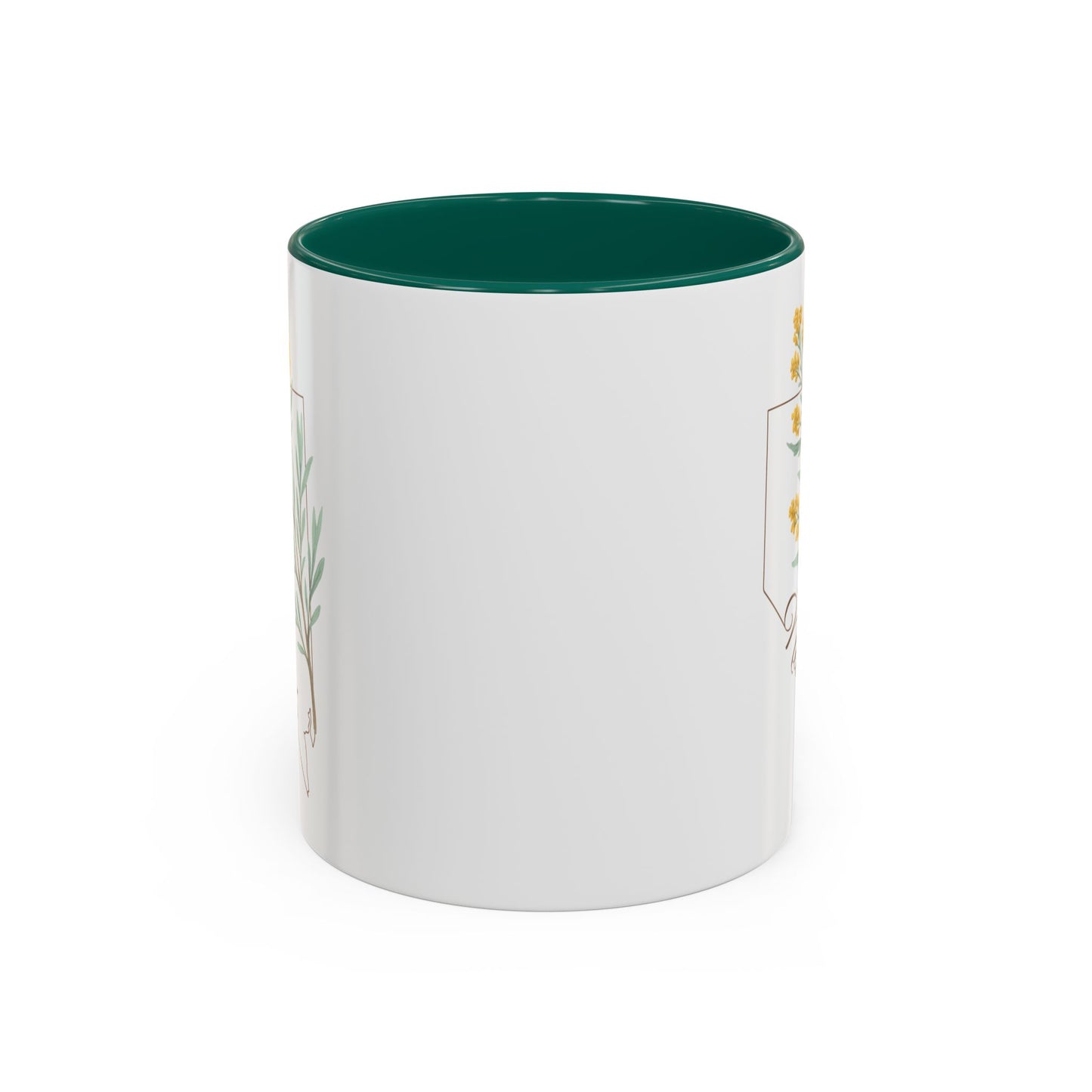 White ceramic mug with a green interior and handle, featuring a watercolor sagebrush design.