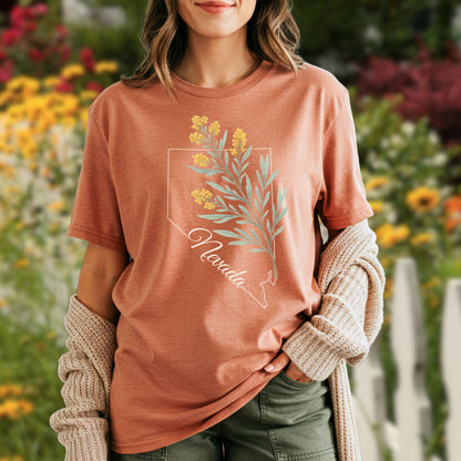 Relaxed-fit, garment-dyed Nevada Floral State Flower T-Shirt in sagebrush with a hand-drawn design.