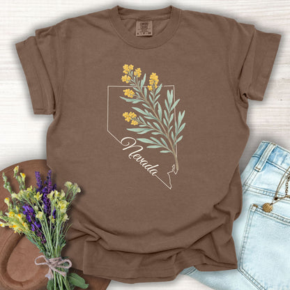 Espresso S-size Nevada floral state flower t-shirt with sagebrush design, made from garment-dyed cotton.
