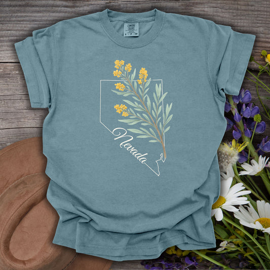 Ice Blue S Nevada State Flower T-Shirt with hand-drawn sagebrush and wildflowers on heavyweight cotton.