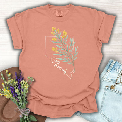 Terracotta Nevada State Flower T-Shirt with Sagebrush design, made from soft, USA-grown cotton.