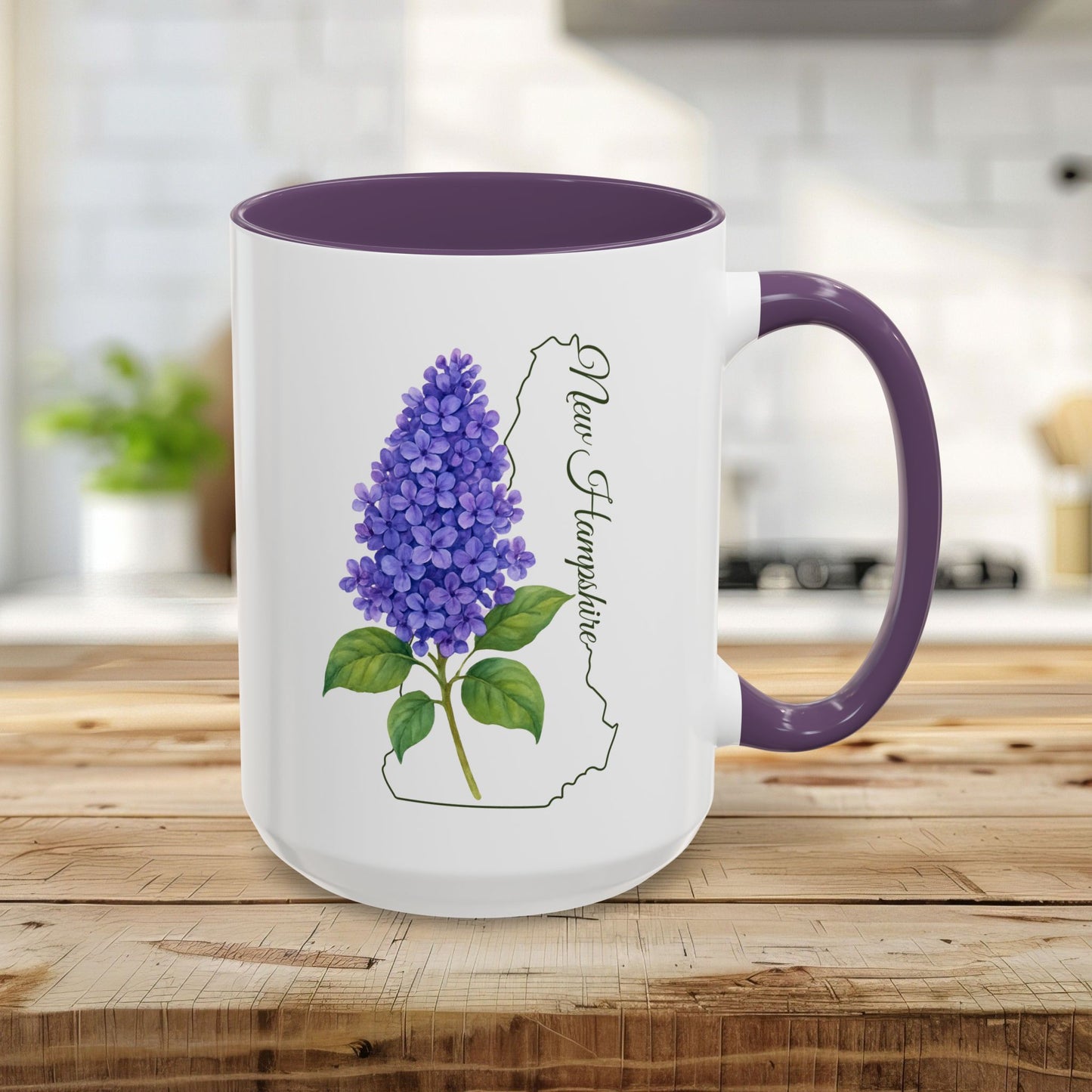 15oz ceramic mug with a purple interior/handle, featuring a lilac bloom and New Hampshire outline.