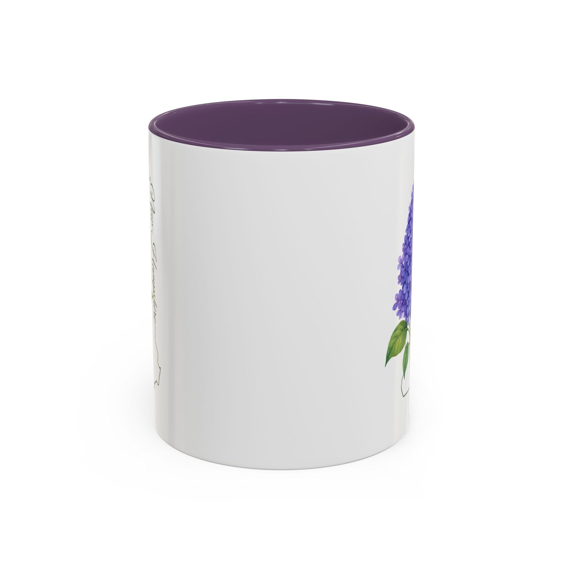 White ceramic mug with a purple interior and handle, featuring a watercolor lilac print and New Hampshire outline.