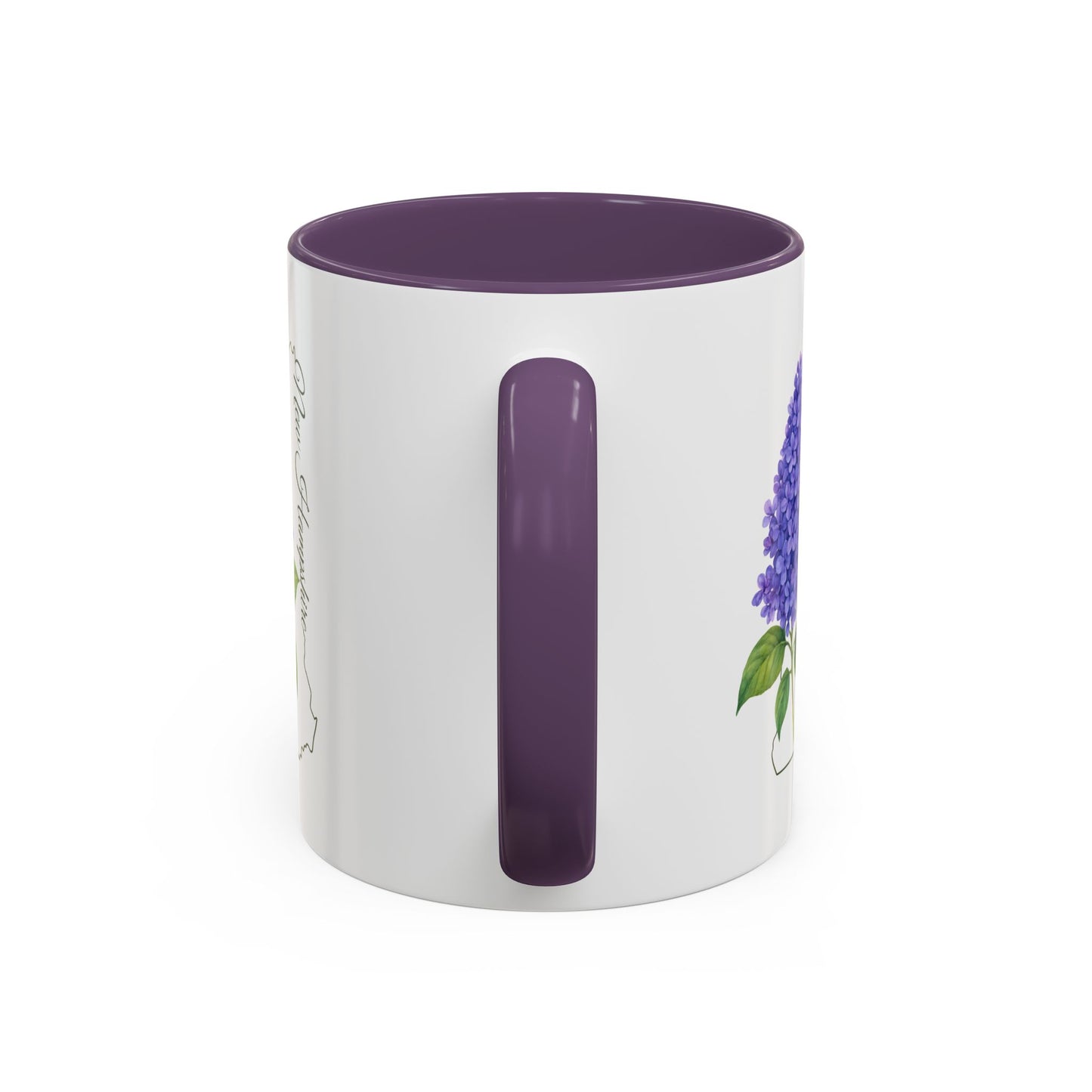 White ceramic mug with purple interior and handle, featuring a watercolor lilac bloom and New Hampshire outline.