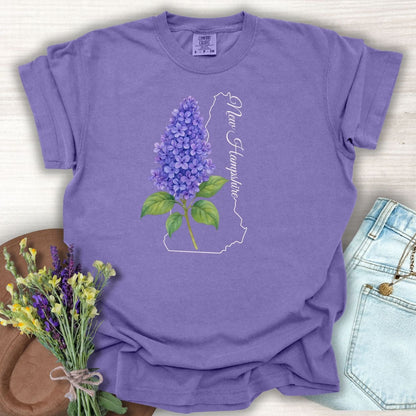 Grape S t-shirt with watercolor lilac, New Hampshire outline, and script.