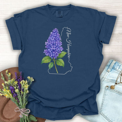 True Navy S t-shirt with watercolor blue lilacs, New Hampshire outline, and script.