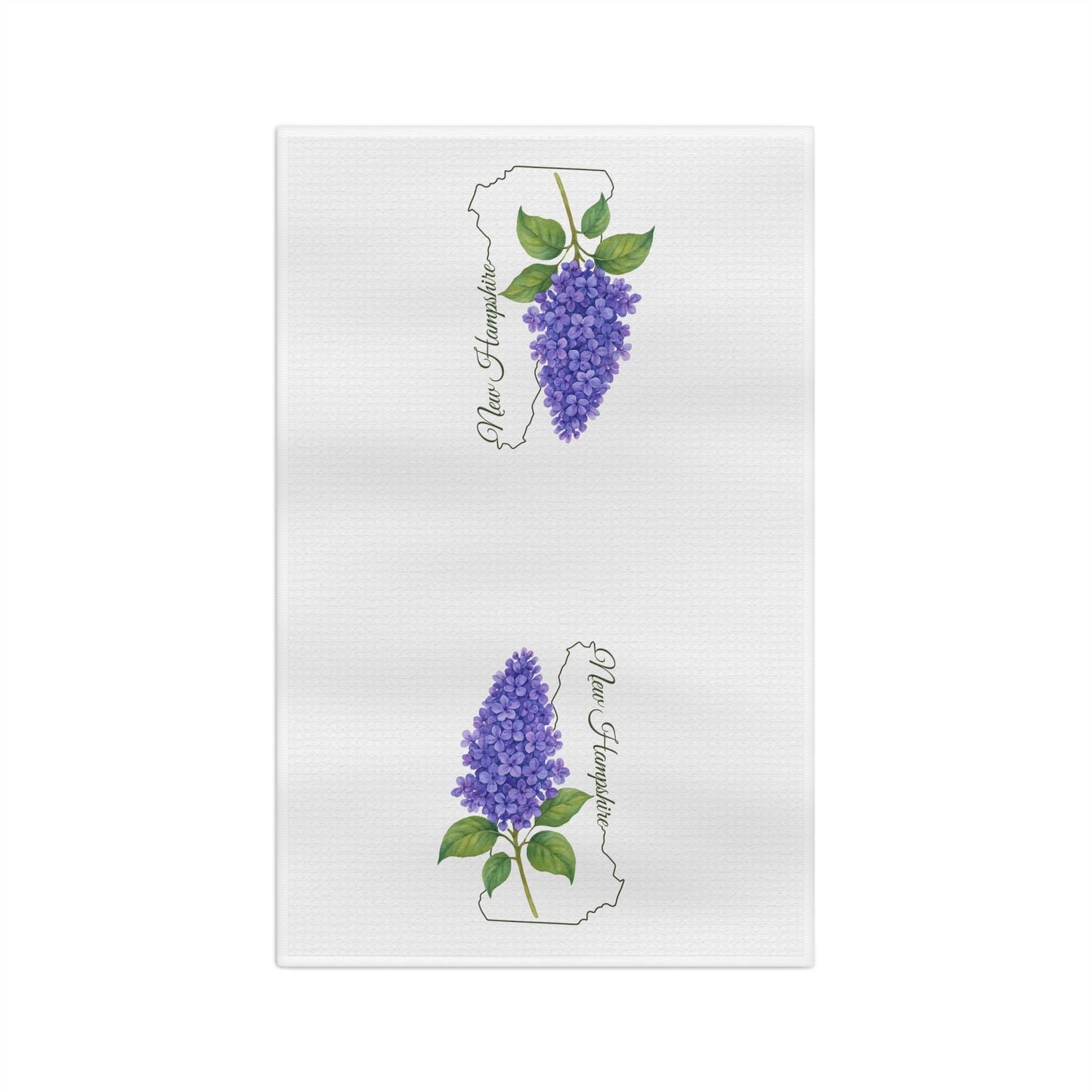 Microfiber tea towel with two purple lilac sprigs over a New Hampshire state outline and handwritten name.
