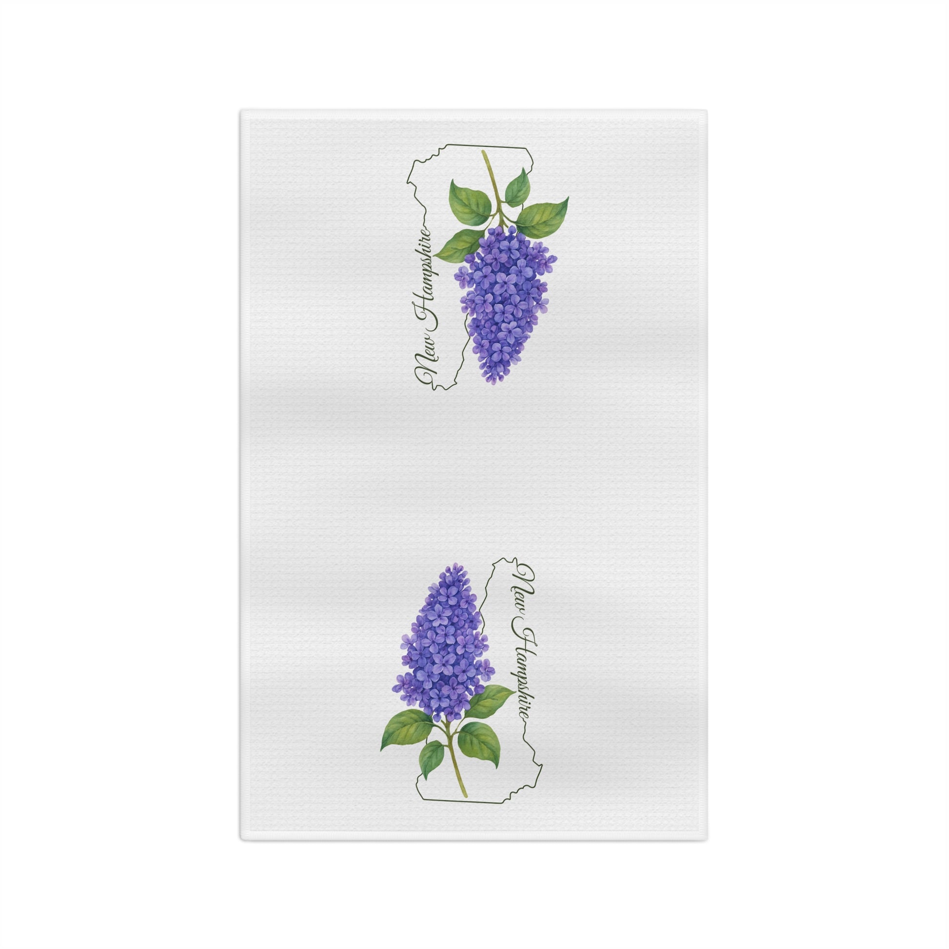 Microfiber tea towel with two purple lilac sprigs over a New Hampshire state outline and handwritten name.