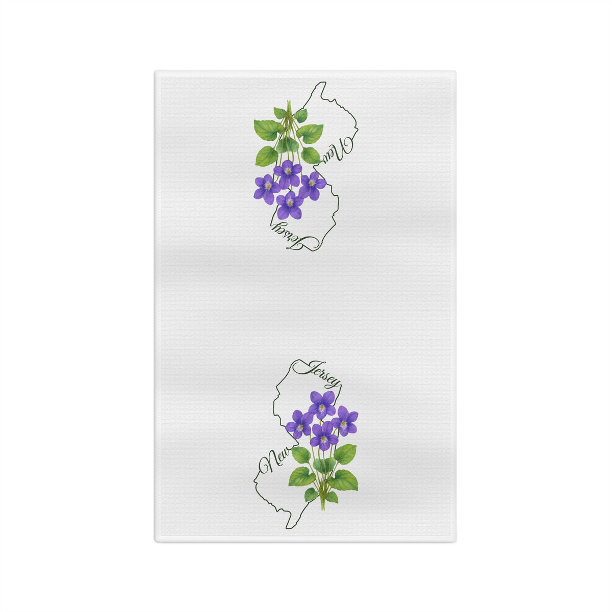 White microfiber tea towel with two outlines of New Jersey, each adorned with purple meadow violet blooms.