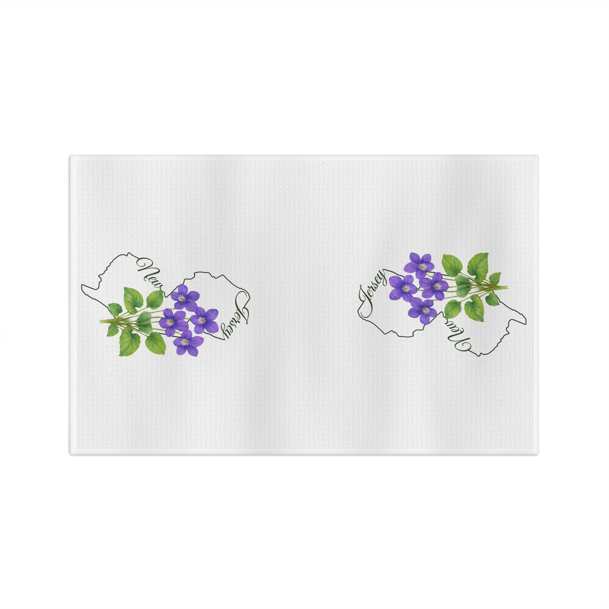 White microfiber tea towel with two New Jersey outlines, each adorned with purple violet blooms.