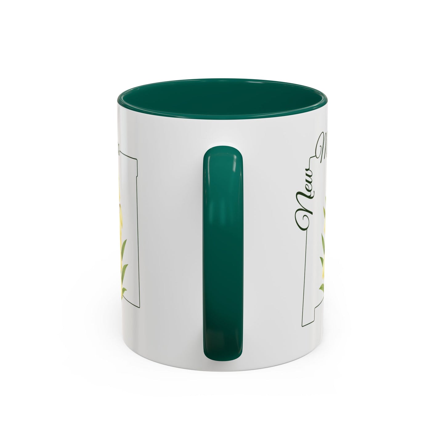 White ceramic mug with a green handle and interior, featuring a New Mexico state outline with a yellow yucca flower.