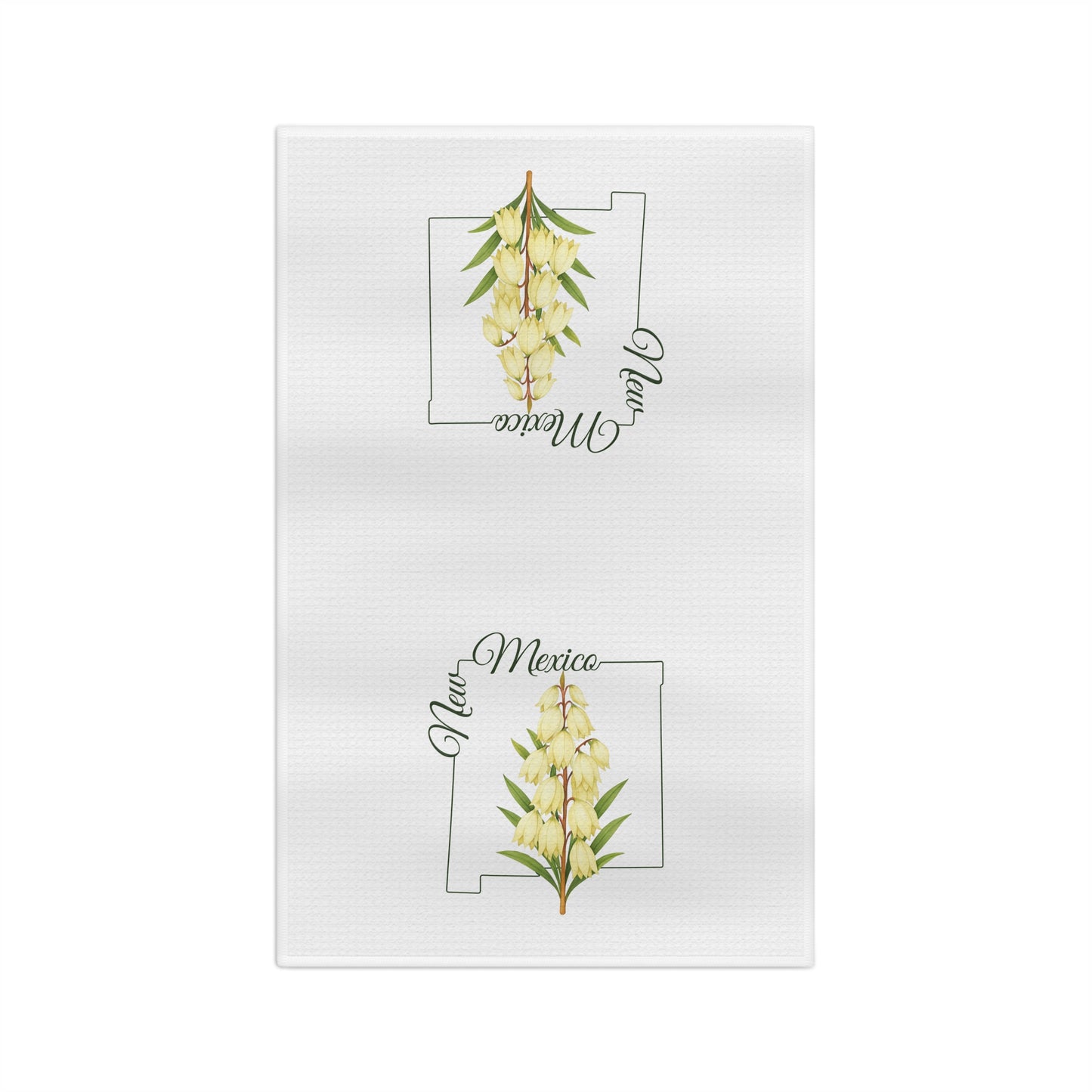 White microfiber tea towel with watercolor yucca blooms and "New Mexico" over a state outline.