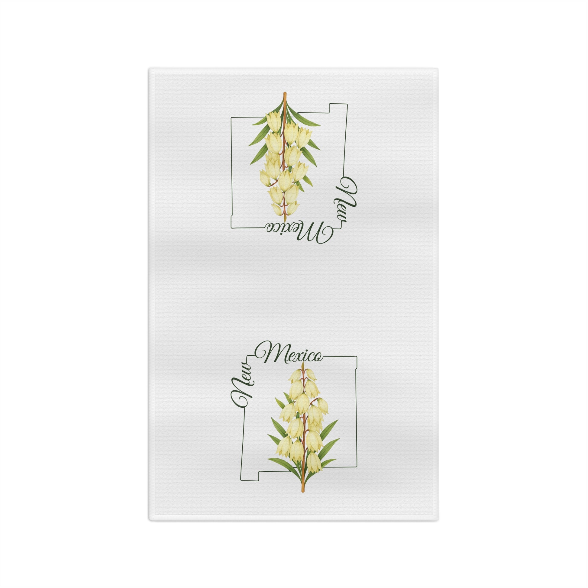 White microfiber tea towel with watercolor yucca blooms and "New Mexico" over a state outline.