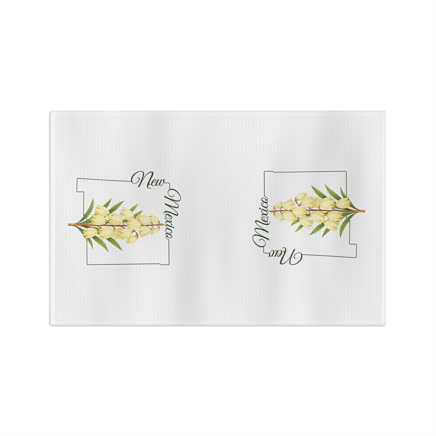 White microfiber tea towel with two New Mexico state outlines and watercolor yucca blooms.