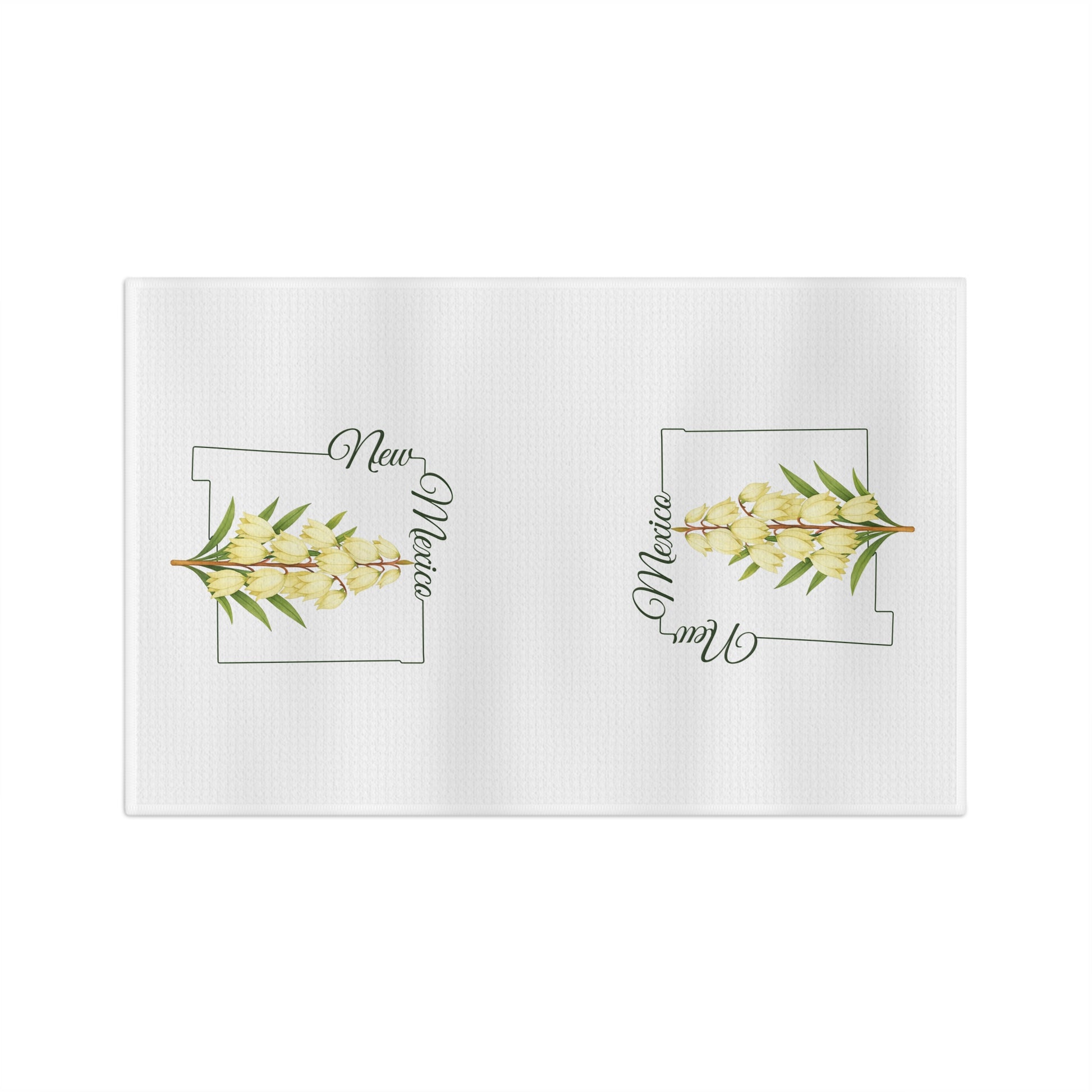 White microfiber tea towel with two New Mexico state outlines and watercolor yucca blooms.