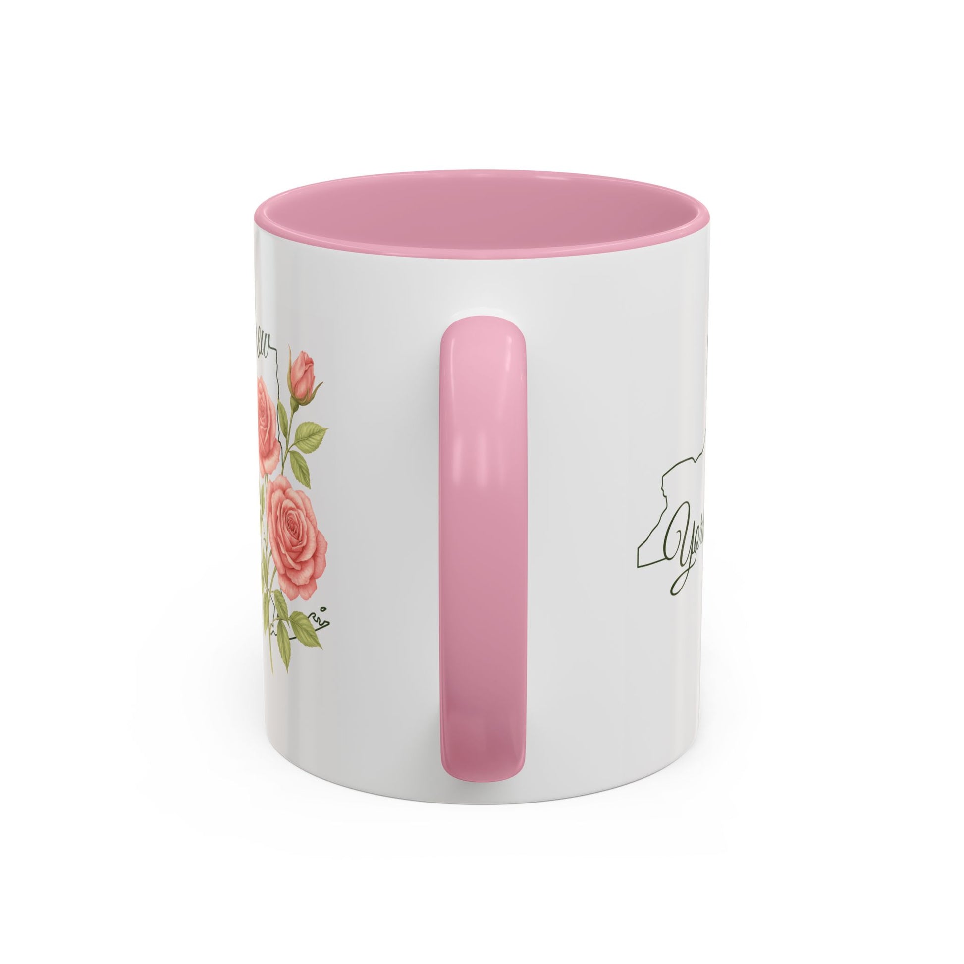 White ceramic mug with pink interior and handle, featuring watercolor roses and a New York state outline.