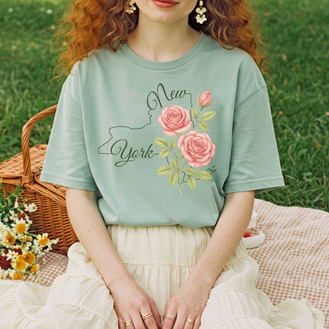 Garment-dyed sage green cotton t-shirt with "New York" and pink roses over a state outline.