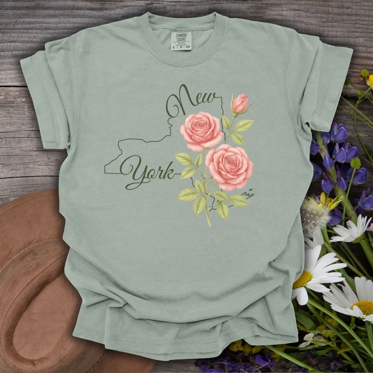 Bay green cotton t-shirt with a New York state outline and painterly pink roses.