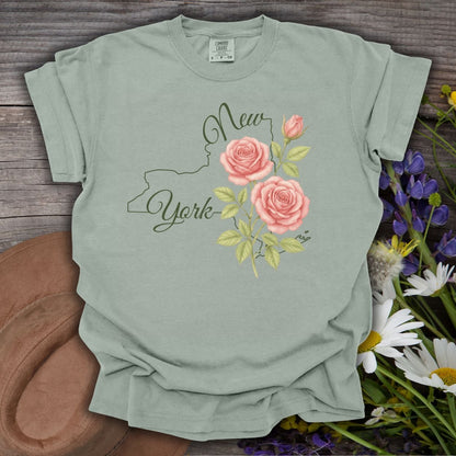 Bay green cotton t-shirt with a New York state outline and painterly pink roses.