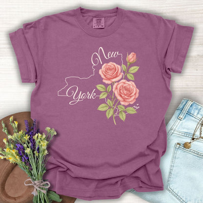 Berry S t-shirt with a New York state outline, hand-lettered text, and painterly pink roses.