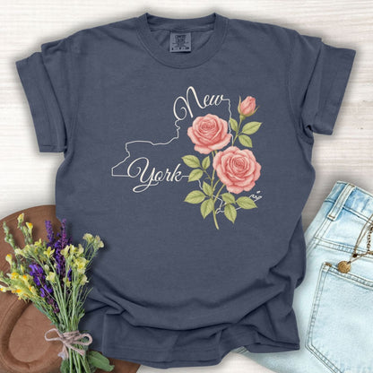 Denim blue, relaxed-fit cotton t-shirt with a New York state outline and painterly pink roses.