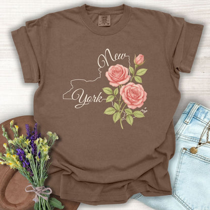 Espresso S t-shirt with a New York state outline, "New York" script, and painterly pink roses.