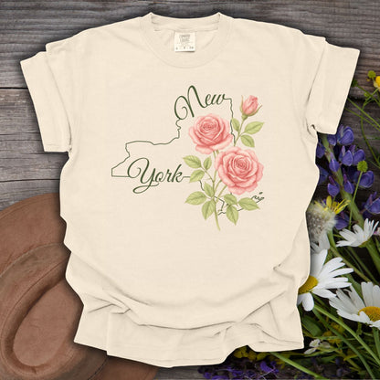 Ivory, relaxed-fit, garment-dyed cotton t-shirt with a New York state outline and painterly pink roses.