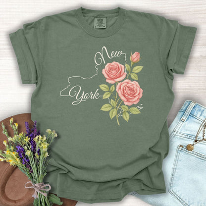 Moss green, relaxed-fit cotton t-shirt with a New York state outline and painterly pink roses.