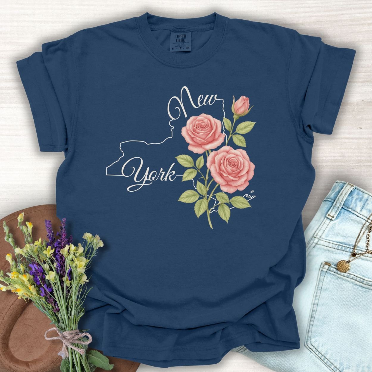 True Navy S-size cotton t-shirt with a New York state outline and painterly pink roses design.