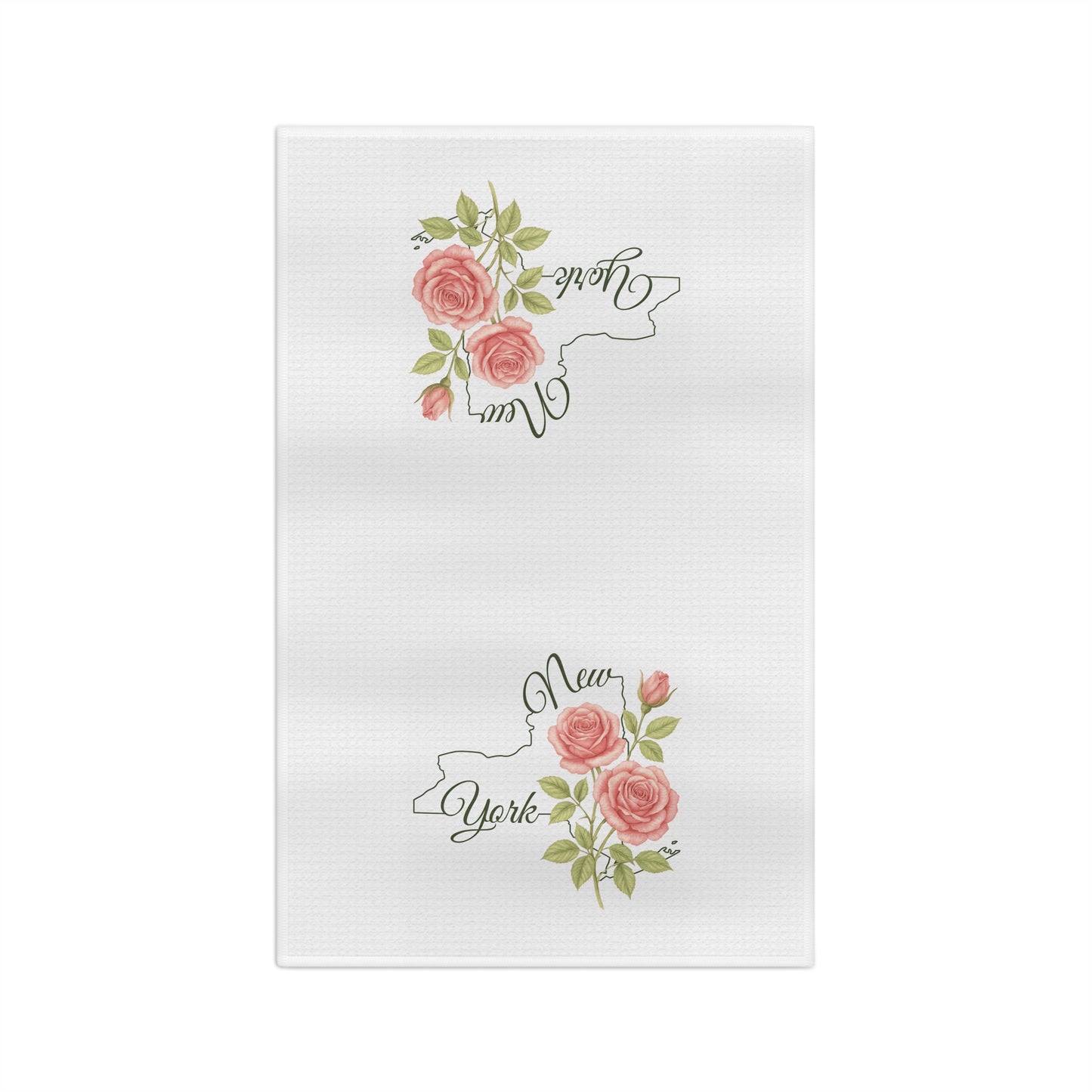 White microfiber tea towel with pink roses and green leaves framing a "New York" state outline.