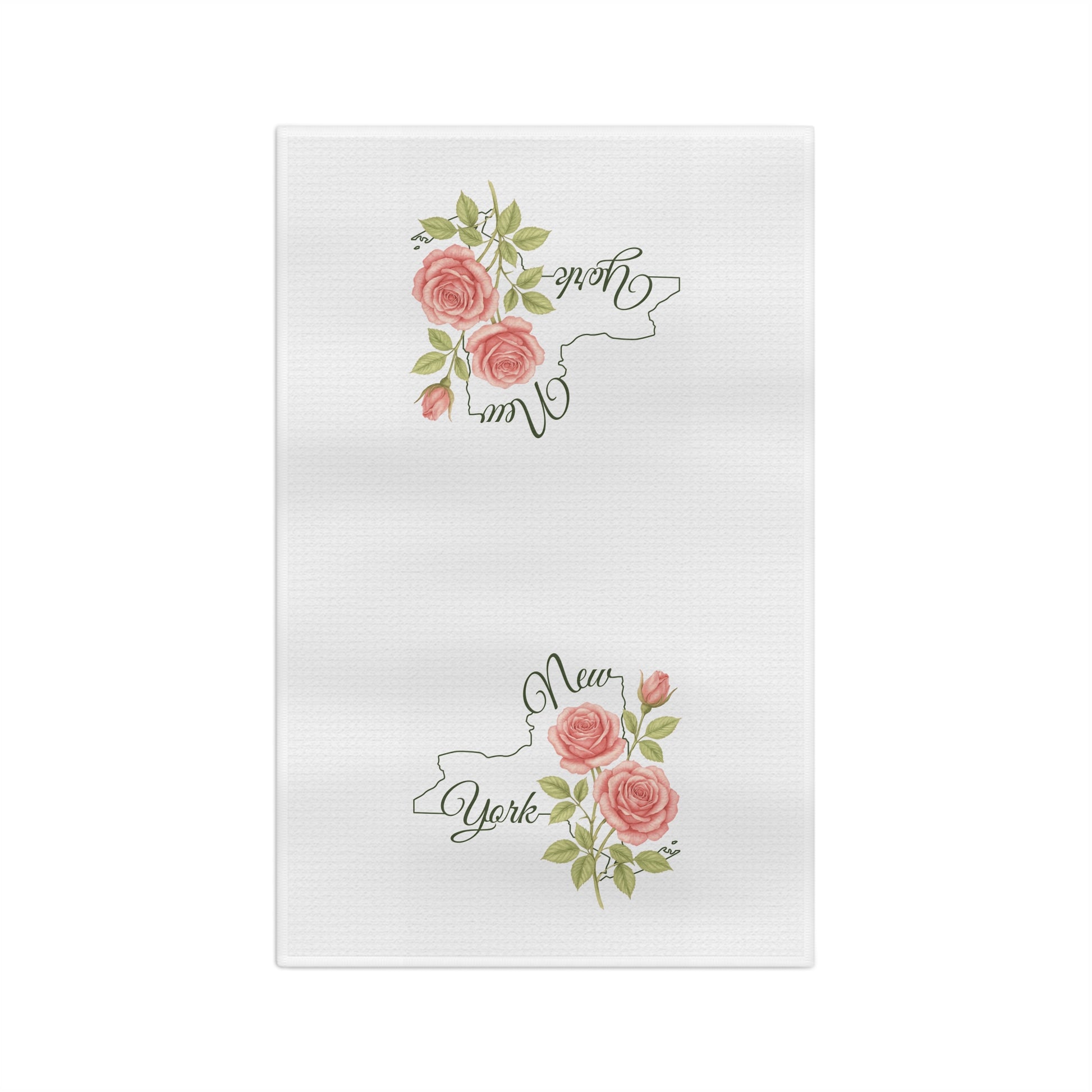 White microfiber tea towel with pink roses and green leaves framing a "New York" state outline.