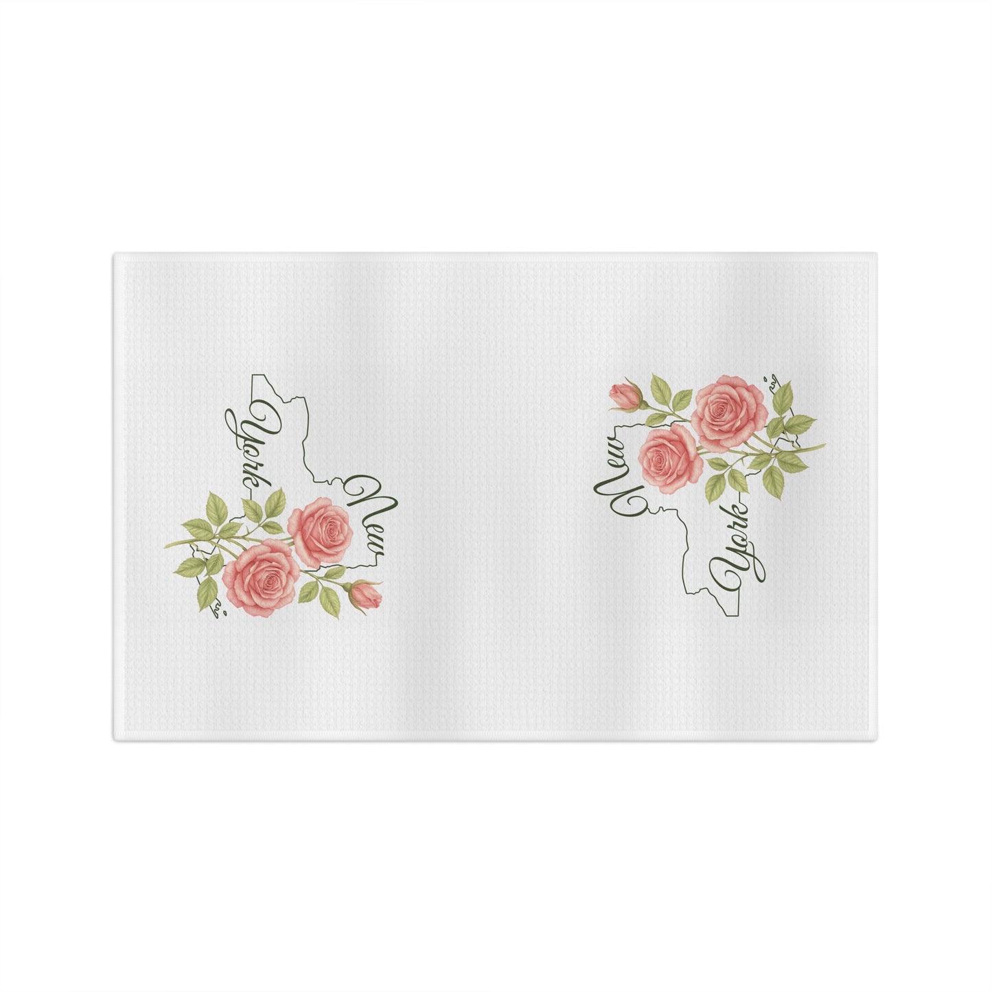 White microfiber tea towel with pink roses and green leaves framing a "New York" state outline.