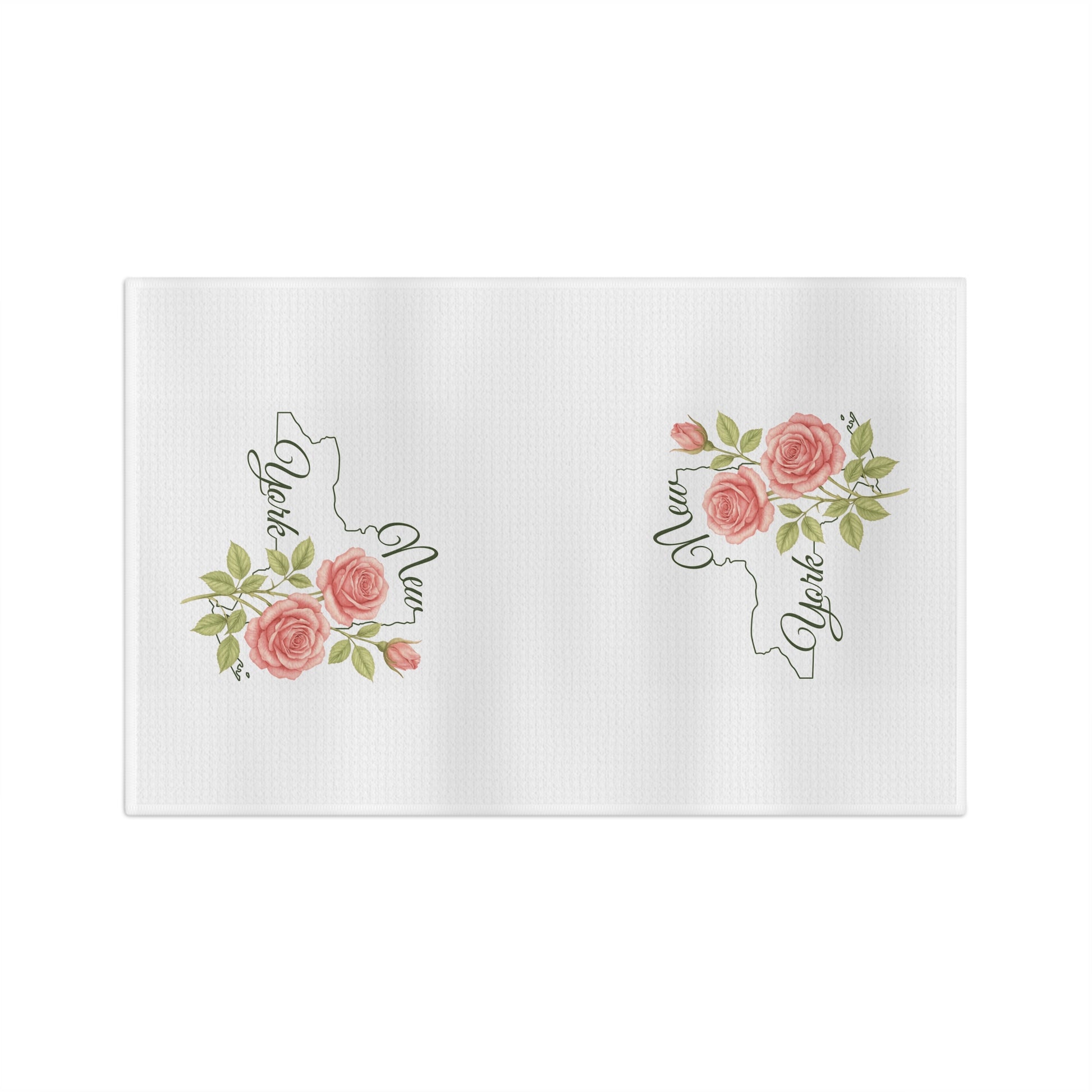 White microfiber tea towel with pink roses and green leaves framing a "New York" state outline.