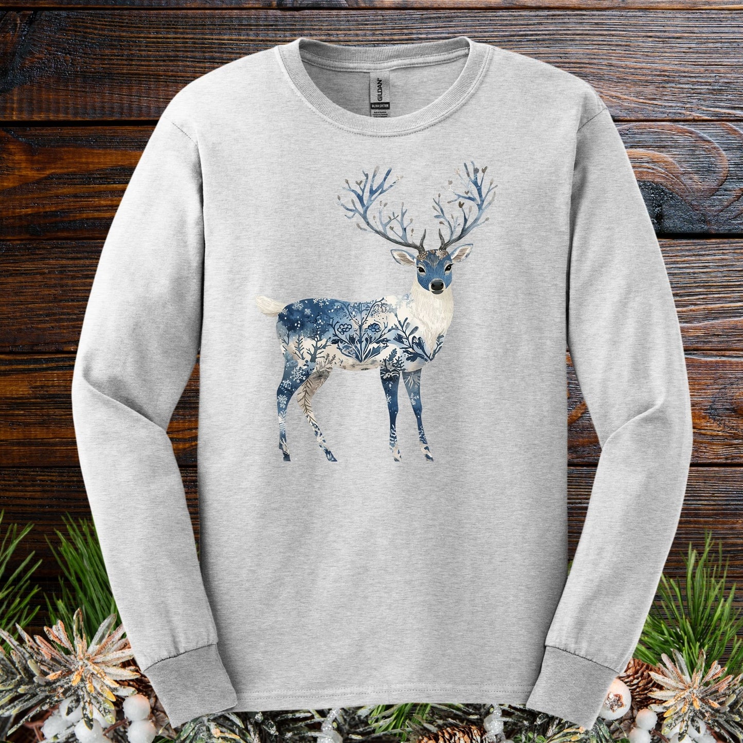 Ash gray long sleeve tee with a blue and white Nordic chinoiserie stag design.