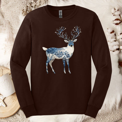 Dark chocolate S long sleeve tee with a white and blue Nordic Chinoiserie winter buck design.