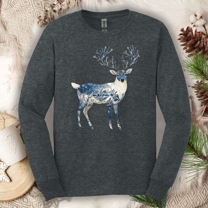 Dark Heather long sleeve tee with a white and blue Nordic Chinoiserie winter buck design.