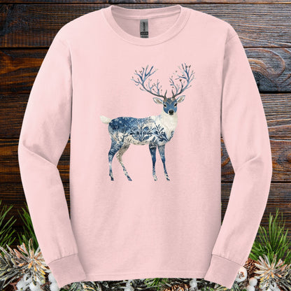 Light pink long sleeve tee with a blue and white hand-painted stag silhouette, 100% cotton.