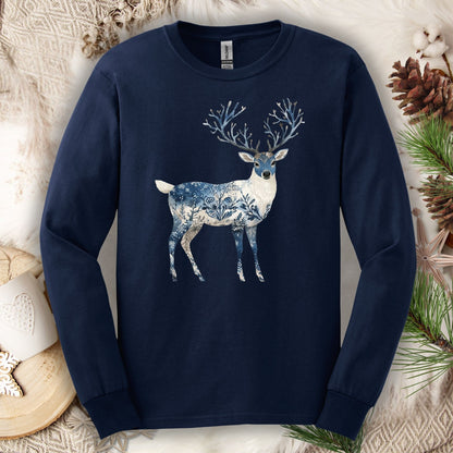 Navy long sleeve tee with a white and blue hand-painted stag silhouette, made from 100% cotton.