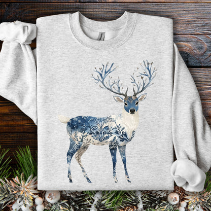 Ash S sweatshirt with a Nordic Chinoiserie winter buck design featuring intricate blue floral and frost patterns.
