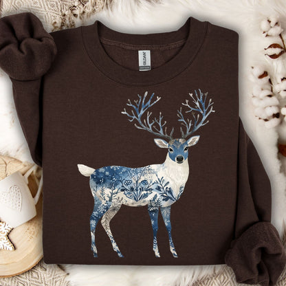 Dark chocolate sweatshirt with a white and blue botanical winter buck design and tree-like antlers.