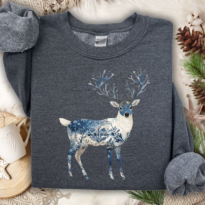 Dark Heather sweatshirt with a Nordic Chinoiserie winter buck featuring blue botanical and frost patterns.