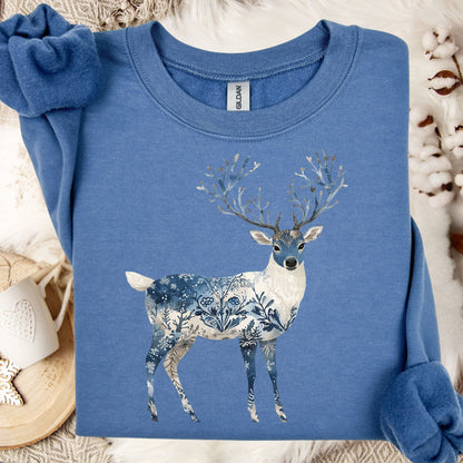 Indigo Blue S sweatshirt with a Nordic Chinoiserie winter buck design featuring intricate botanical and frost patterns.