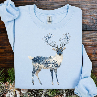 Light blue Nordic Chinoiserie Winter Buck sweatshirt with a stylized deer featuring intricate botanical and frost patterns.