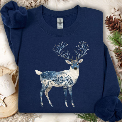 Navy Nordic Chinoiserie Winter Buck Sweatshirt with a stylized deer featuring intricate botanical and frost patterns.