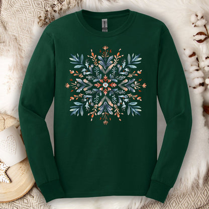 Forest Green Gildan Softstyle long sleeve tee with a watercolor Scandinavian snowflake design.