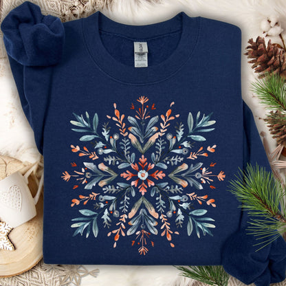 Navy Gildan fleece sweatshirt with a watercolor Nordic snowflake design in red and blue.